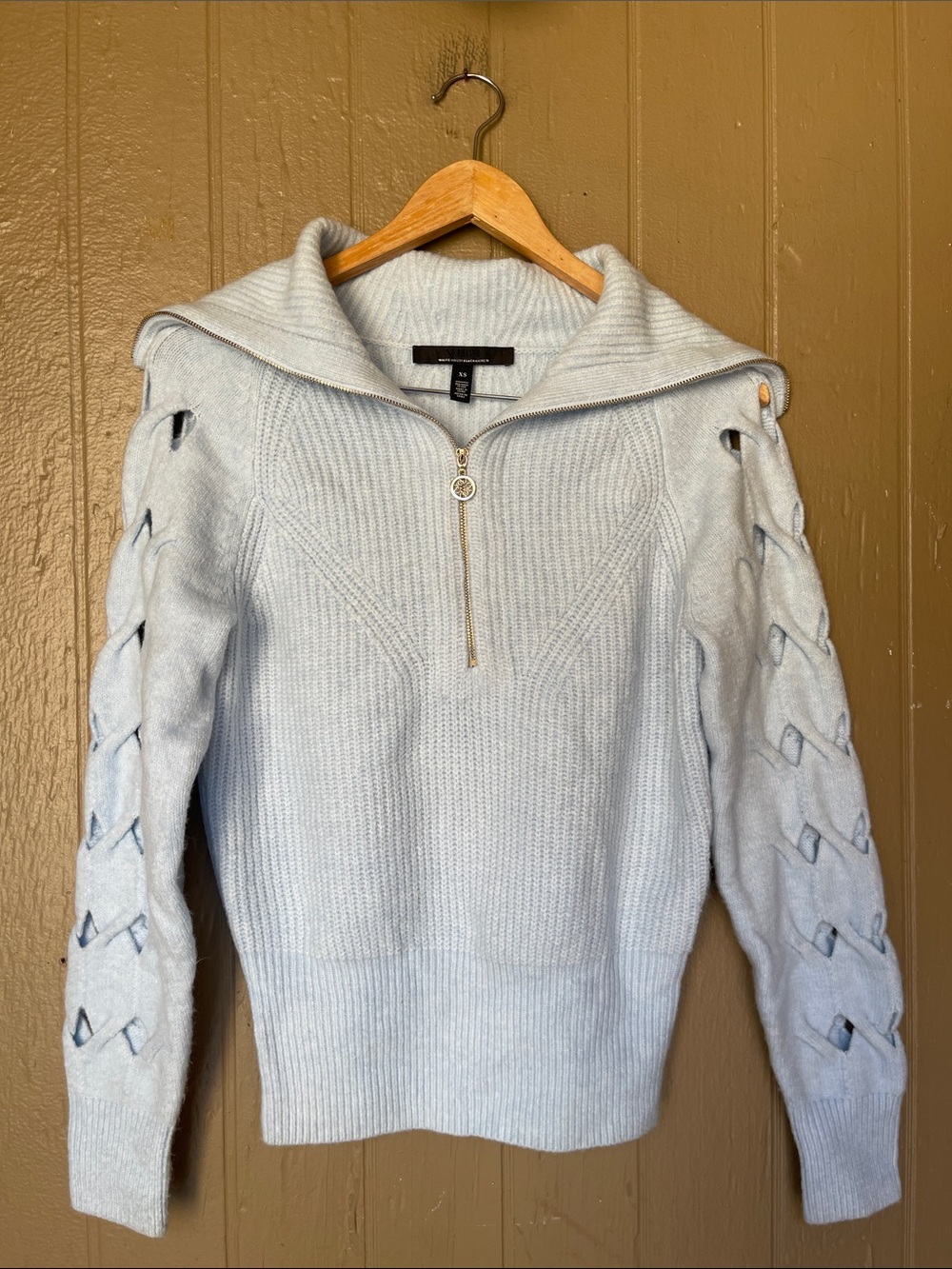 White House Black Market Novelty Sleeve Half-Zip Knit Sweater in Blue Size XS